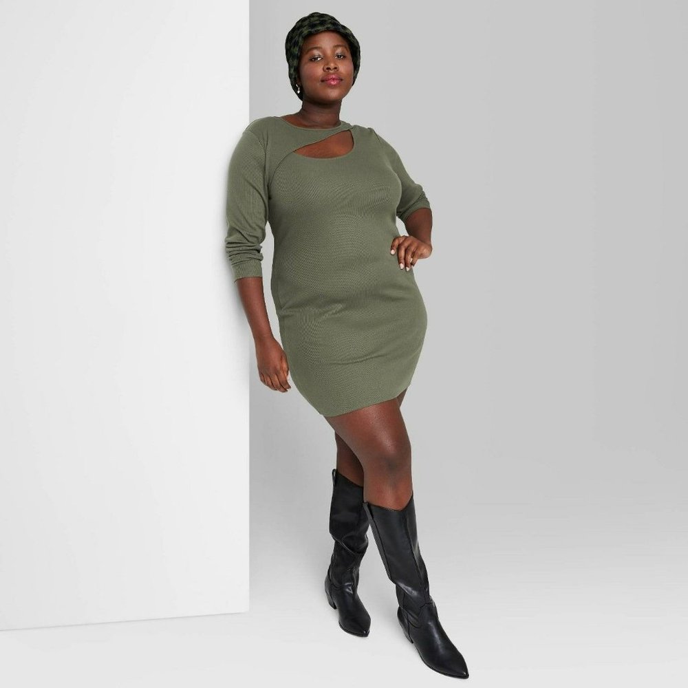 Women's Plus Size Long Sleeve Ribbed Bodycon Dress Wild Fable Olive Green 1X